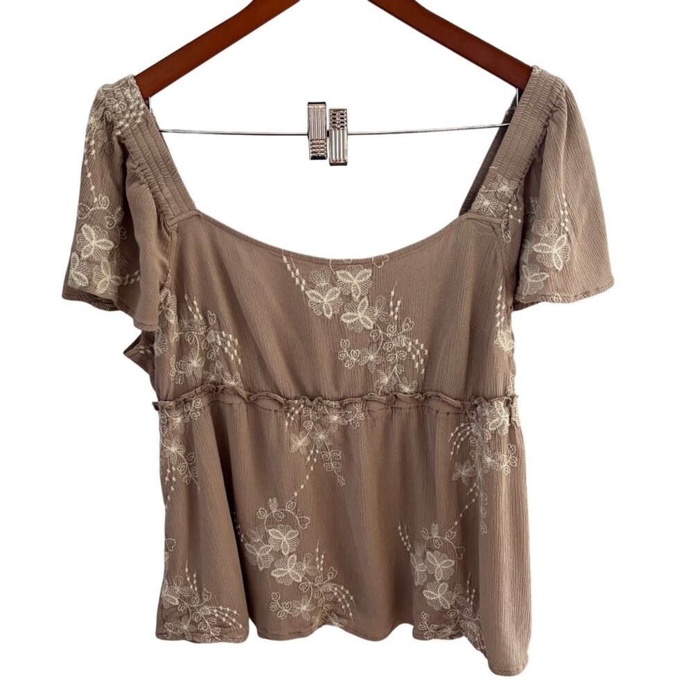 Indigo Thread Co Women's Beige Cropped Top Sz XL Embroidered Boho Flutter Sleeve